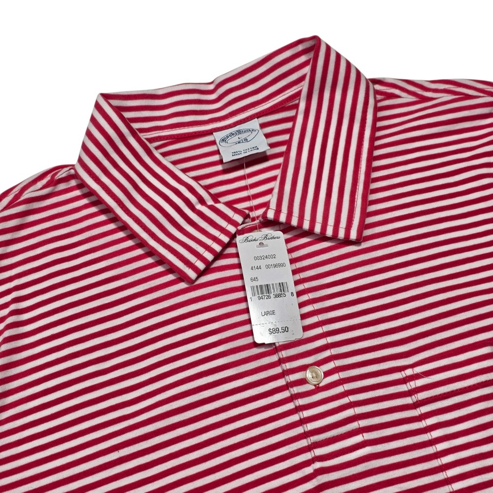 NEW Brooks Brothers Polo Shirt Large Red (Pink) White Striped Pocket Cotton NWT